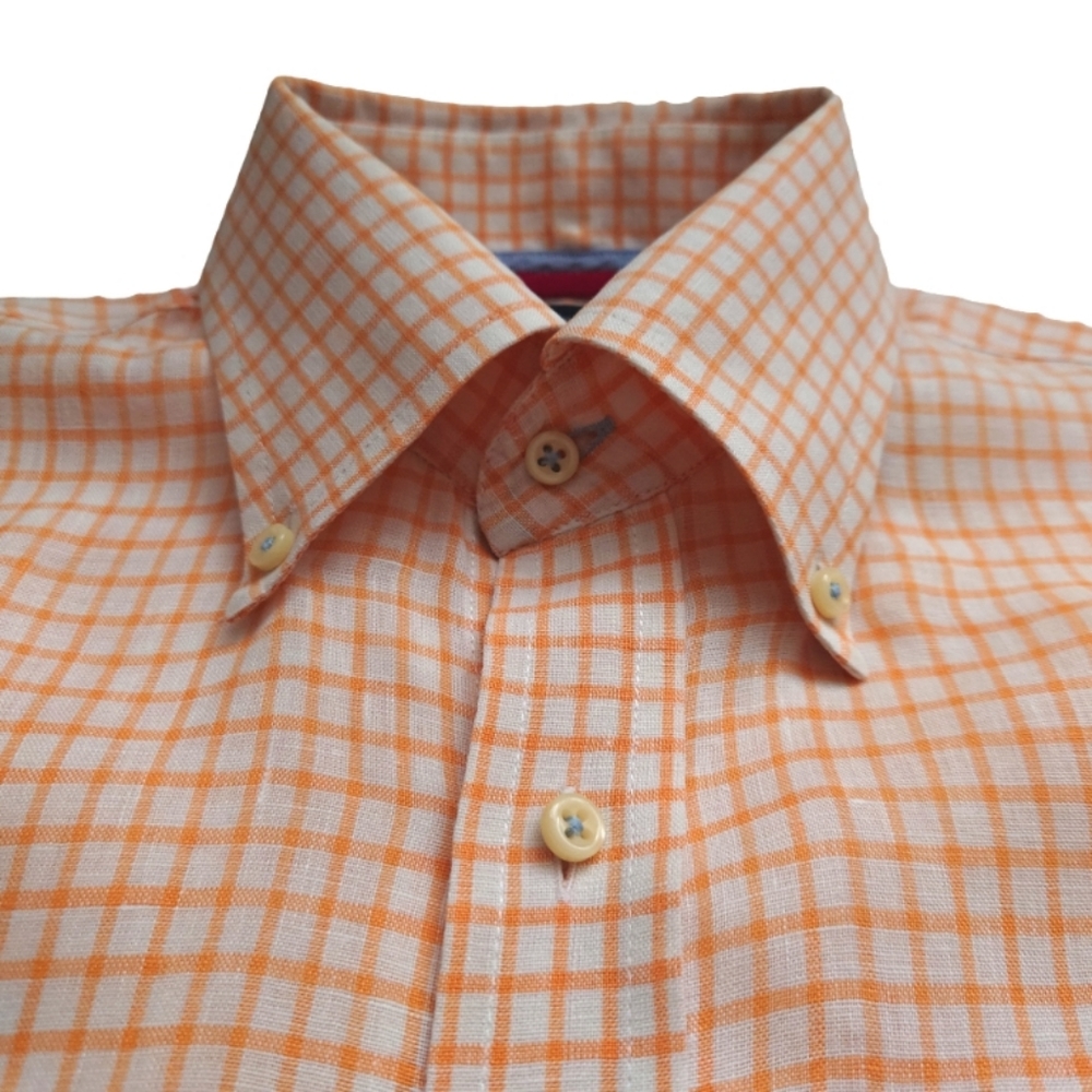 TOMMY HILFIGER Orange Linen Checkered Casual Button Down Long Sleeves Shirt